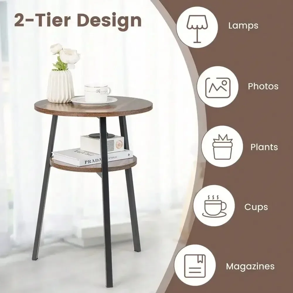 2-Tier Round Nightstand Bedside End Table for Bedroom Living Room Brown