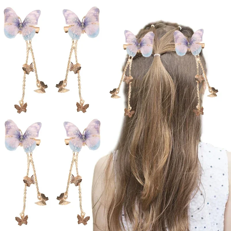 ncmama 2Pcs/set New Butterfly Hairpins for Women Girls Korean Yarn Elegant Metal Tassel Long Hair Clips Party Hair Accessories