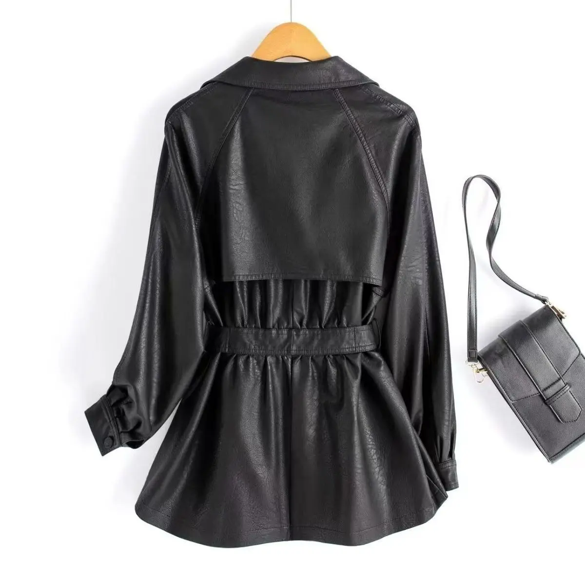 New lace-up waist  leather jacket 2025 spring and autumn medium and long jacket Korean  loose leather trench coat