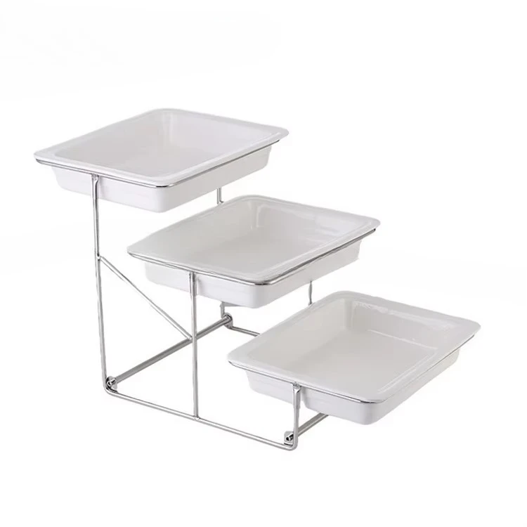 

Buffet Equipment Banquet Stainless Steel Double Fruit Cake Dessert Catering Display Stand with Ceramic Plate