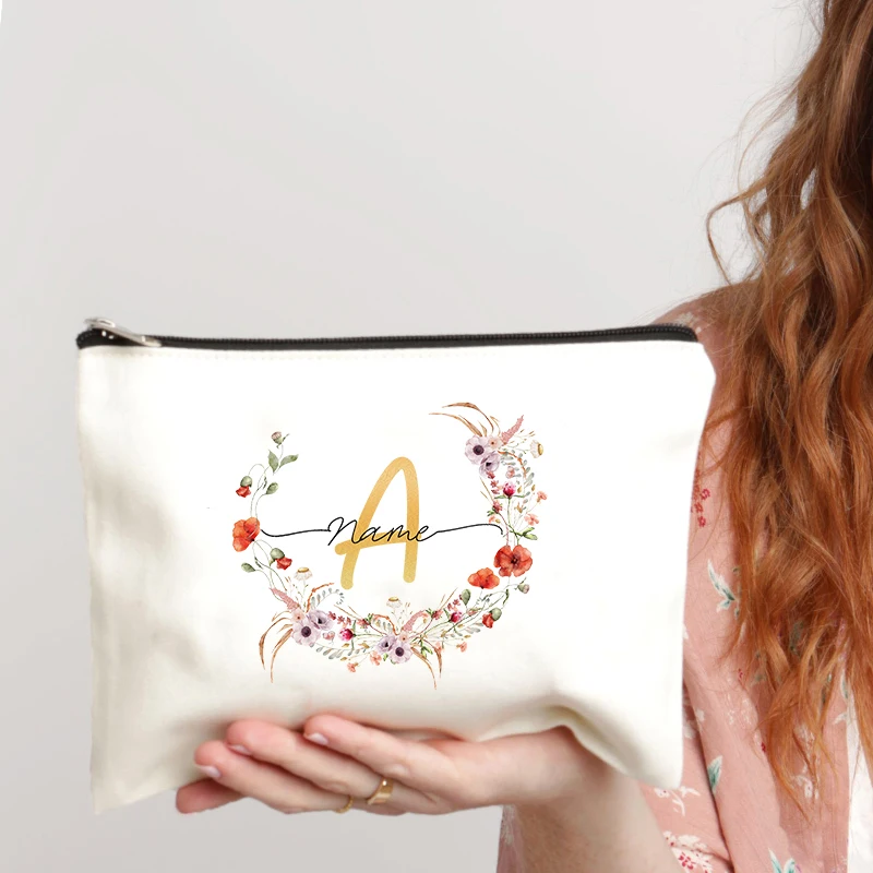 Bolsa de maquillaje personalizada con nombre de la novia, guirnalda de flores, organizador, regalo de despedida de soltera, dama de honor, bolsa de almacenamiento de boda