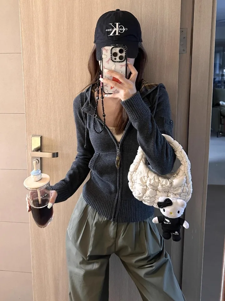 

Американский клетчатый свитер на молнии с капюшоном, вязаный свитер, кардиган, женский осенне-зимний облегающий повседневный топ длиной до пола