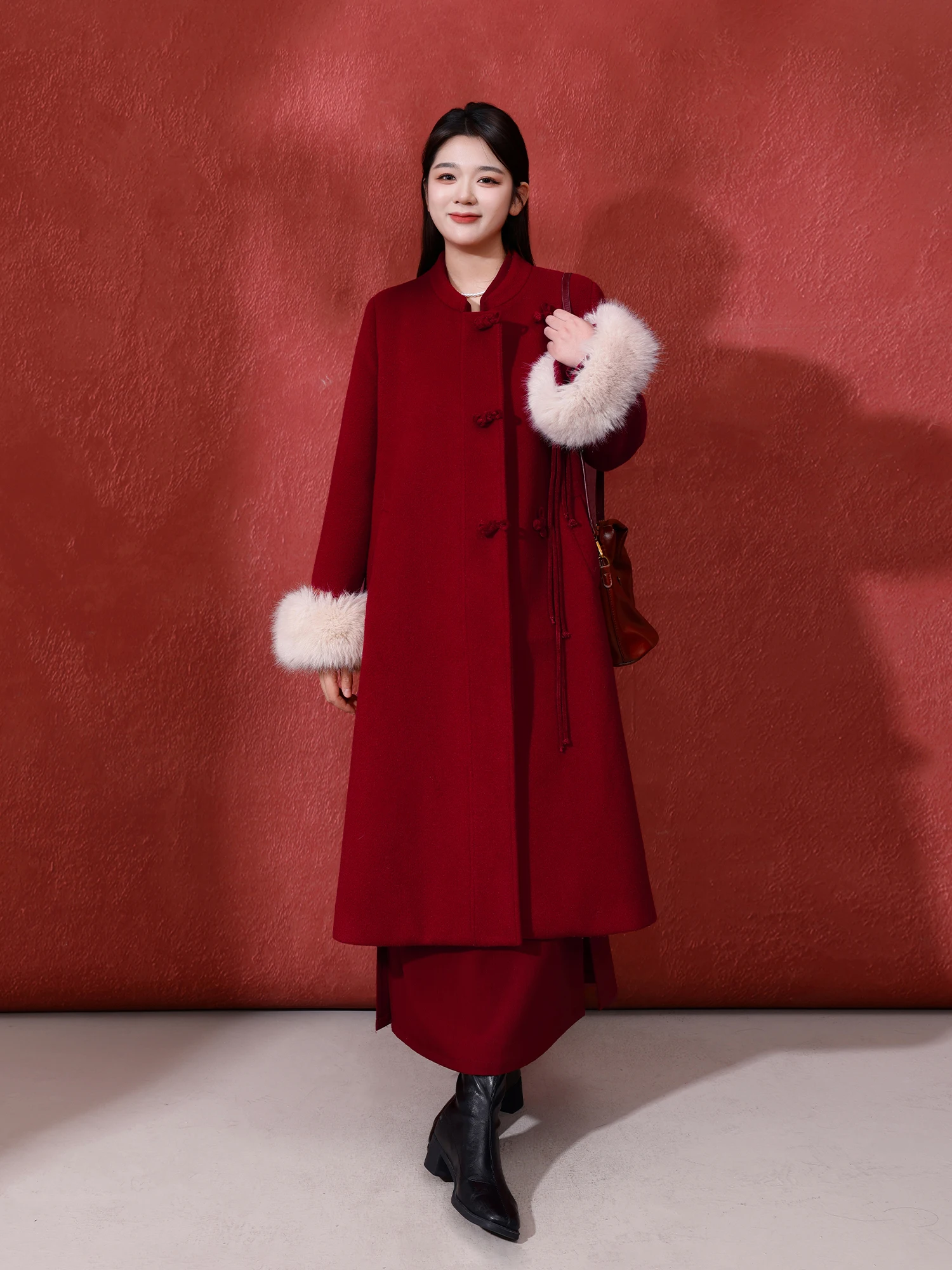 

Красное шерстяное пальто женское, новое, в китайском стиле, оверсайз, с длинными рукавами, с завышенной талией, прямой подол, для дома и повседневной носки, теплое