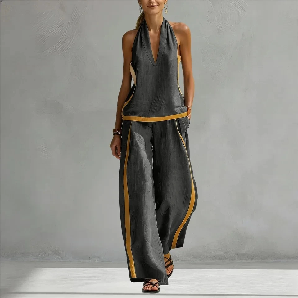 

Summer Women Contrast Color 2 Piece Sets 2026 New Sleeveless Halter Top+Wide Leg Pants Suit Cotton Linen Beach Vacation Suits