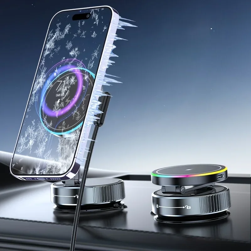 

RGB Strong Magnetic Car Wireless Charger Phone Holder Cooling Vacuum Suction Cup Stand For iPhone 16 15 14 13 12 Fast Charging