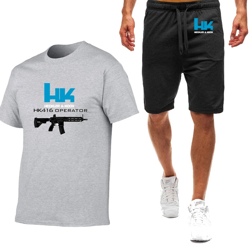 Kaus Lengan Pendek Leher Bulat Ramping Gambar Cetak Logo Heckler Koch HK416 Grafis Pria Musim Panas 2025 + Setelan Celana Sejuk Modis