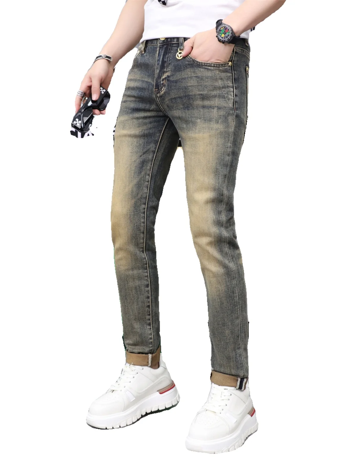 

High-End Retro Men's Jeans Slim Fit Elastic Faionable Long Pants Spring Autumn Trendy Brand Cotton Stretch Denim mid Waist ...