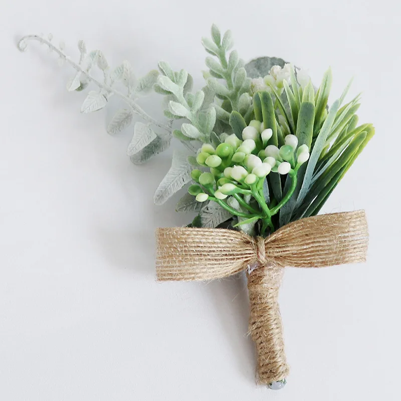 Groene Kunstmatige Mannen Bloemen Boutonniere Europese Bos Stijl Corsage Bruiloft Accessoires Witte Bruids Bruidsmeisje