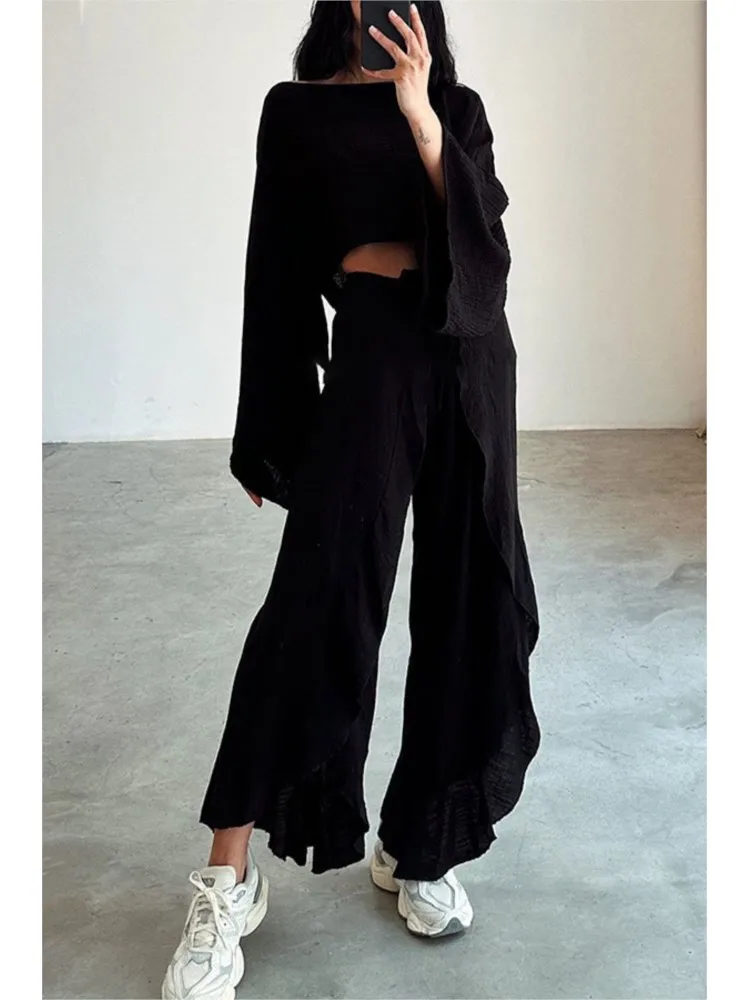 Frühling Herbst Neue Einfarbig Mode Lose Kurze Lange Hülse Top + Hosen Zwei Stück Set frauen Unregelmäßigen Casual 2 stück Anzug