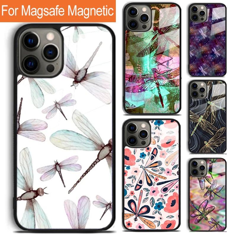 Dragonfly Insect Pattern Phone Case For iPhone 16 15 14 13 12 11 Pro Max Plus Magsafe Magnetic Wireless Charging Cover