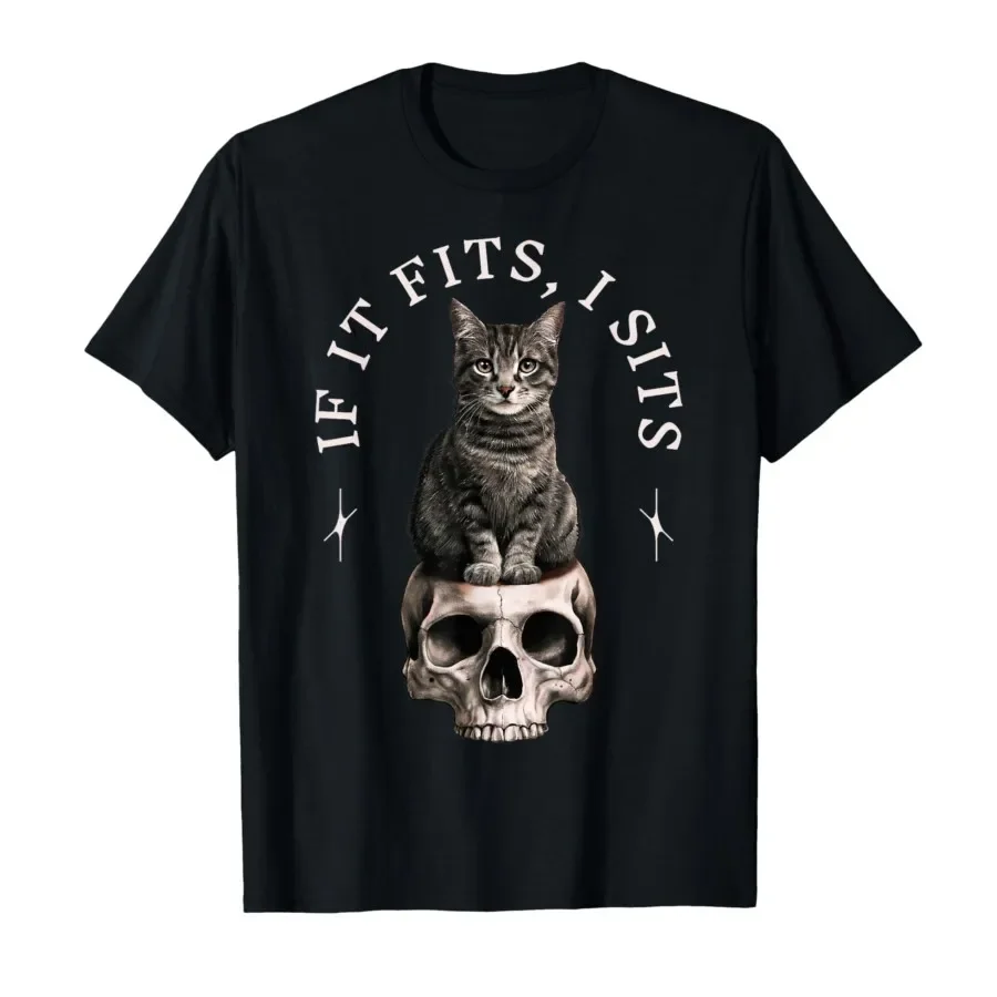If It Fits I Sit Black Cat Skull Minimalist Meme Humor T-shirt For Men Women 100% Cotton T Shirts Short Sleeve Tops 0413-3