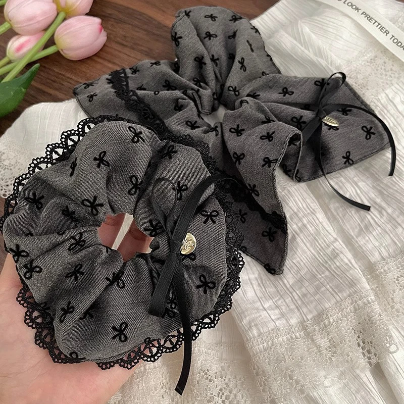 مربع القوس الحياكة Scrunchies كبيرة للنساء لطيف الدانتيل مطوي عقال شخصية رمادي ذيل حصان أصحاب الملحقات