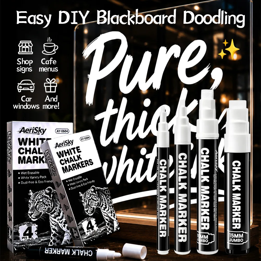4pcs White Liquid Chalk Markers Pen Erasable Dust-Free for Blackboard Glass Windows Chalkboard Art Drawing Pen School Supplies