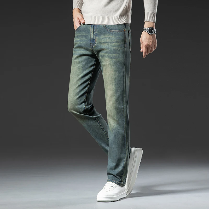กางเกงยีนส์ฤดูหนาวคุณภาพสูงสำหรับผู้ชาย กางเกงเดนิมยืดหยุ่นบุขนหนานุ่ม อุ่นสบาย ทรงตรง สไตล์เรโทร ผ้ากำมะหยี่