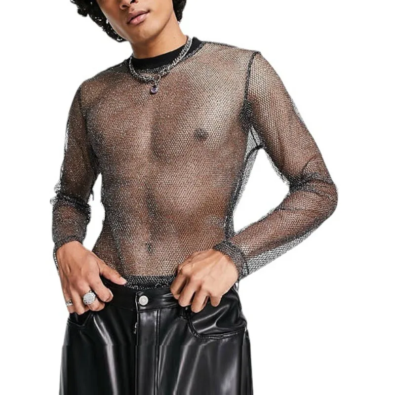 Autumn Fashion Mesh See-through Loose T-shirt Men's Sexy T-shirt Top Men's Long Sleeve Round Neck Pullover T-shirt