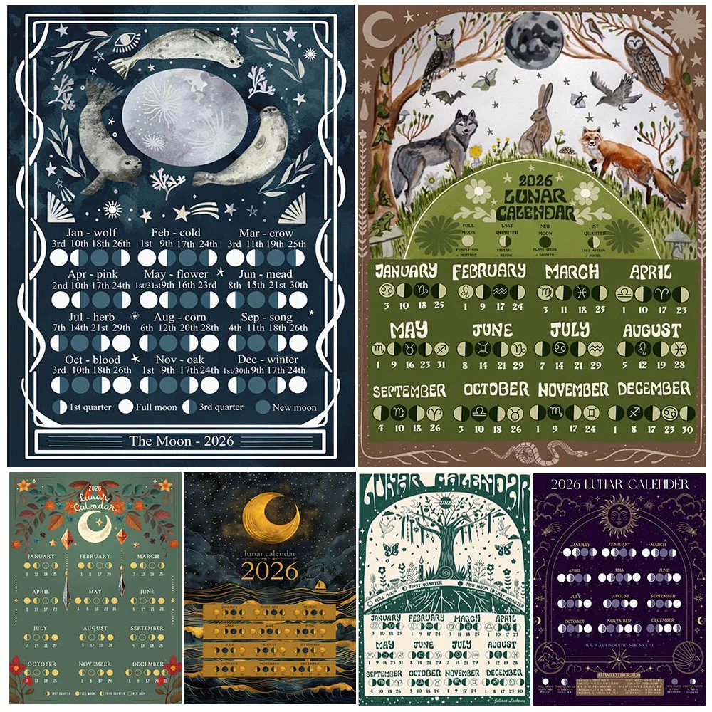 

2026 Lunar Phase Calendar, Moon Magic Wall Art Canvas Painting,Moon Phases Witchcraft Art Poster And Print Home Decor Unframed