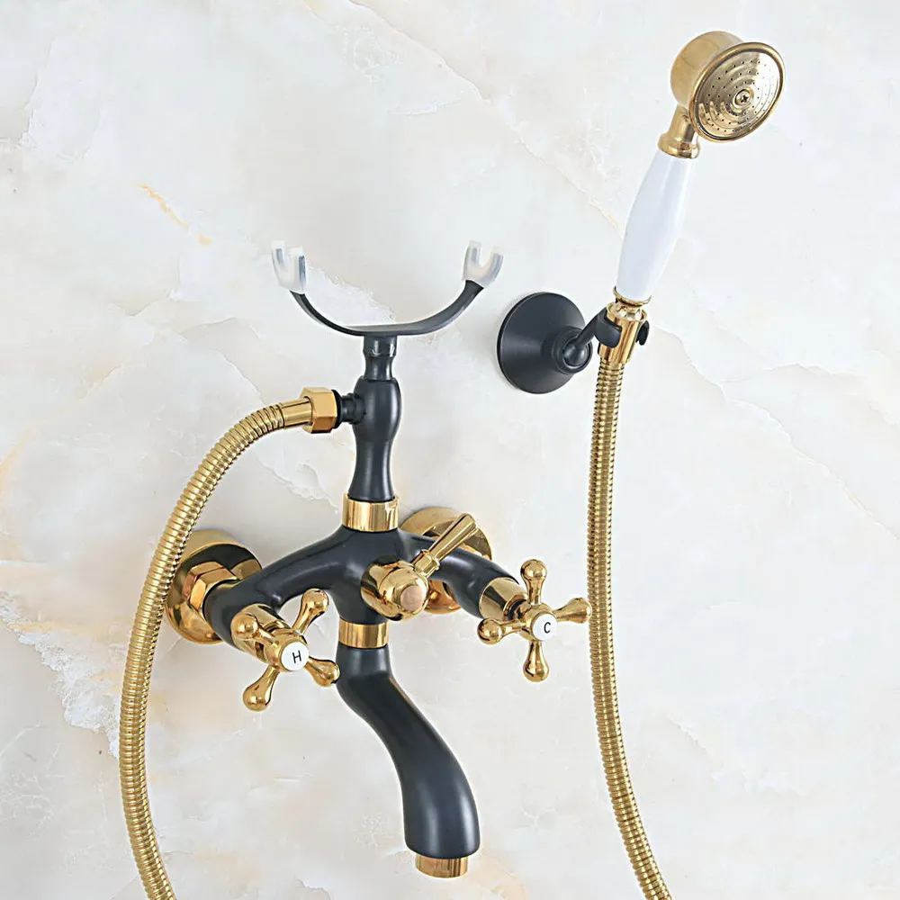 

Gold & Black Brass Wall Mount Bathroom Bathtub Faucet Set WITH/ 1500MM Handheld Shower Spray Head Mixer Tap Dna581