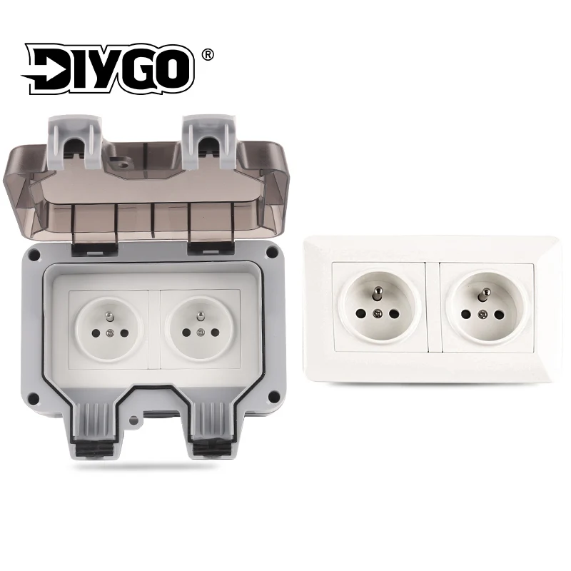 IP66 FR Standard 16A 250V Waterproof Outdoor Wall Power Socket Box Electrical Double Outlet for Home garden France DIY GO