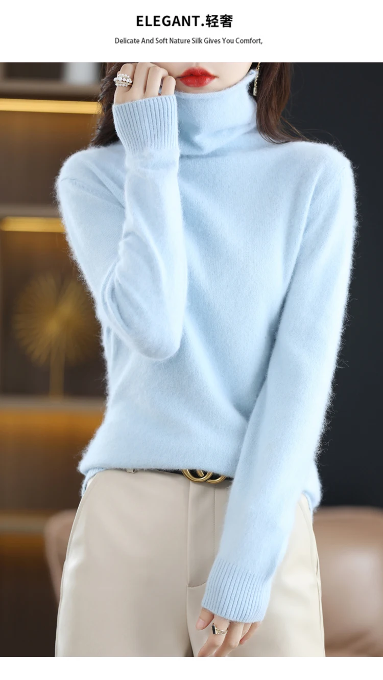 Autumn and Winter 2022 Women's High Neck Pullover 100% Pure Mink Cashmere Sweater Knitted Soft Fashion Women's Clothing