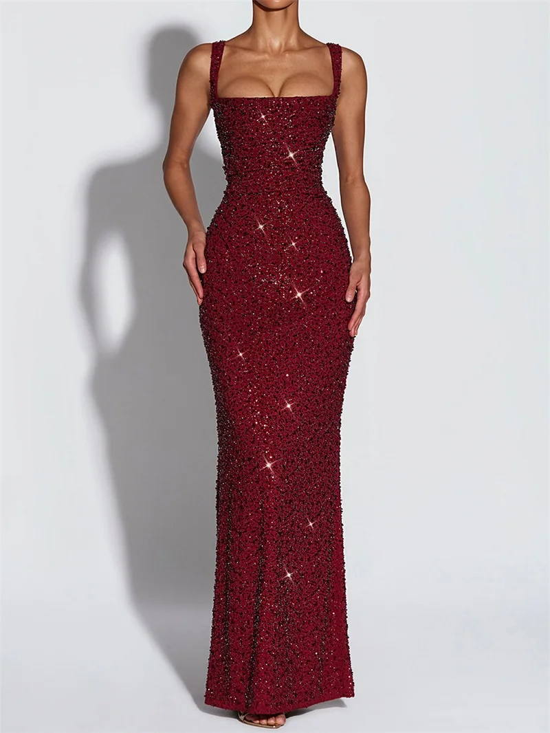 

Women Burgundy Square Neck Beaded Sequin Evening Dress Bodycon Maxi Formal Gown Perfect for Wedding Guest, Prom & Special Event