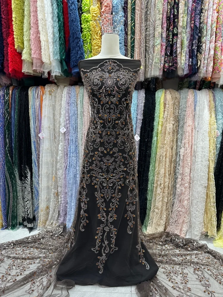 

African Lace Fabric 5 Yards Embroiderd Stone Nigerian Lace Fabric 2026 High Quality Lace Groom Tulle French Lace for Party Dress