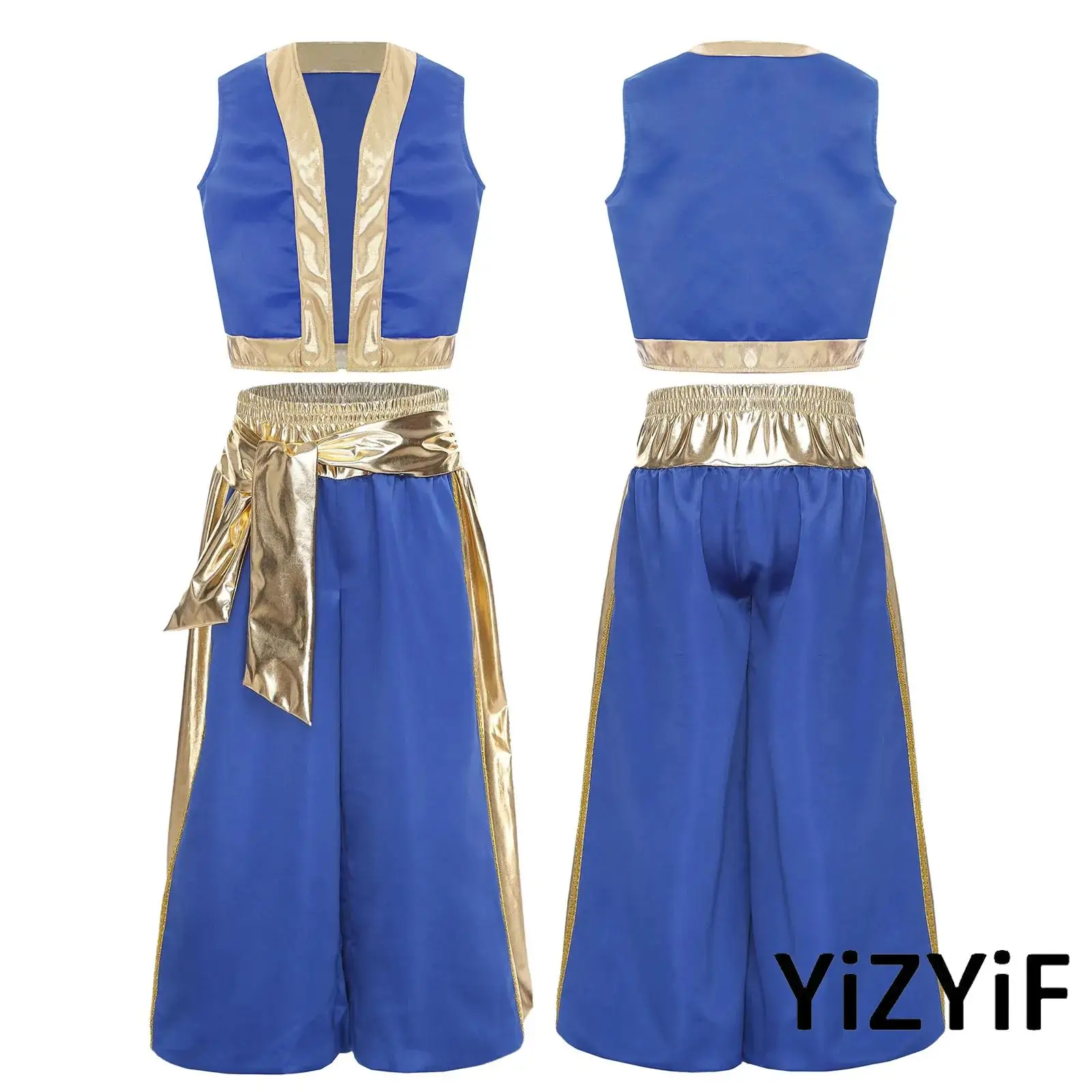 

Premium Arab Prince Cosplay Costume Set for Boys with Metallic Vest And Harem Pants for Halloween Christmas Theme Parties Events