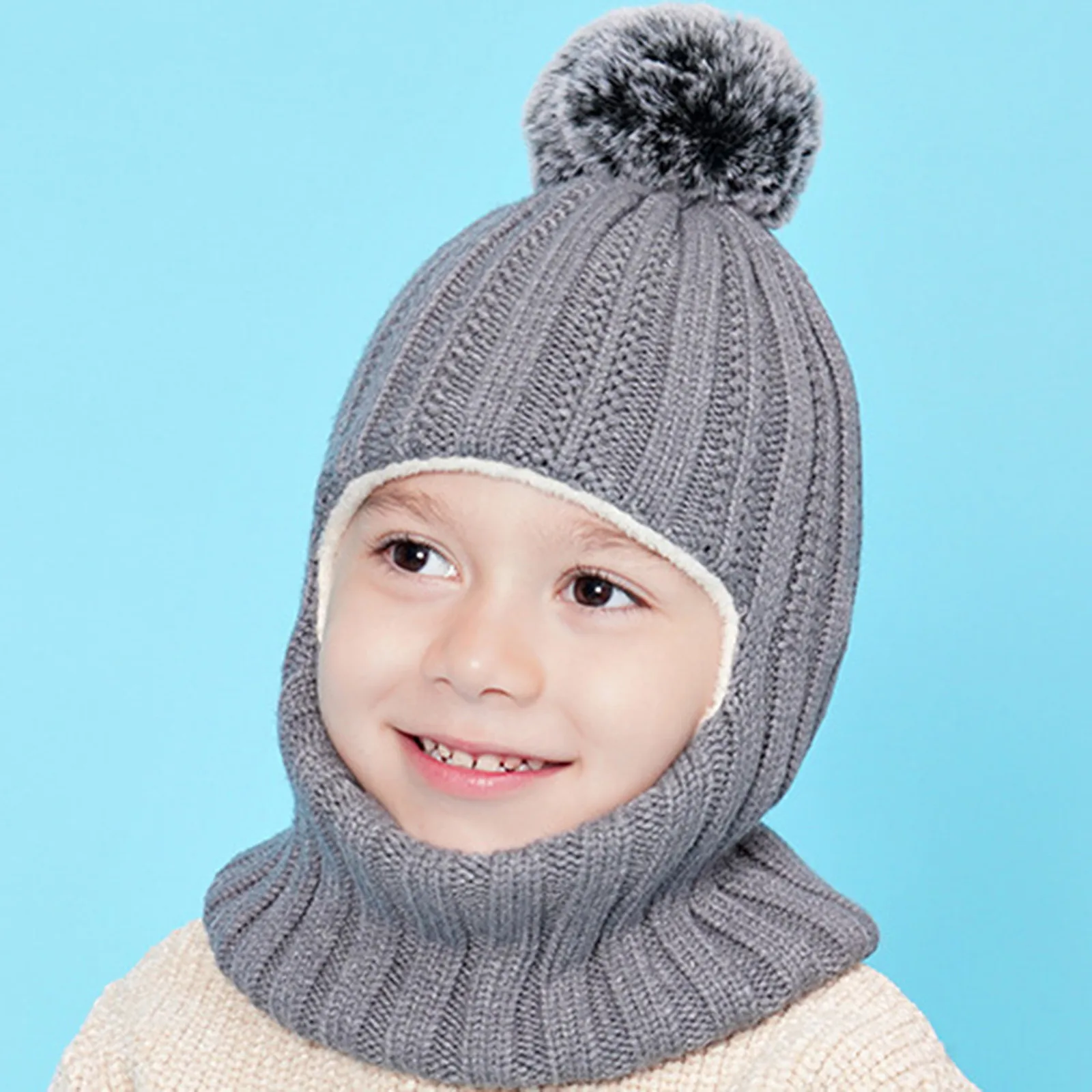 Gorro de pasamontañas cálido de invierno para niños, gorros de punto con pompón para niñas, gorro, bufanda, redecilla con gorros de lana de doble capa para niños