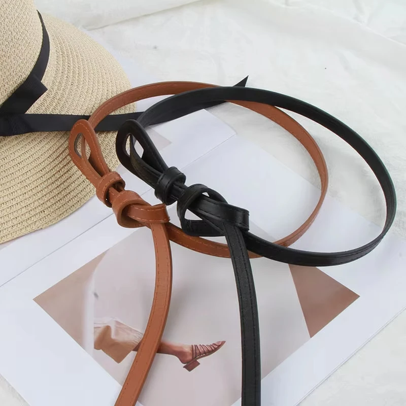 Women's Thin Knotted Belt Vinatge Solid Color PU Leather Long Skinny Waist Belts Female Lady Dress Coat Decorative Straps