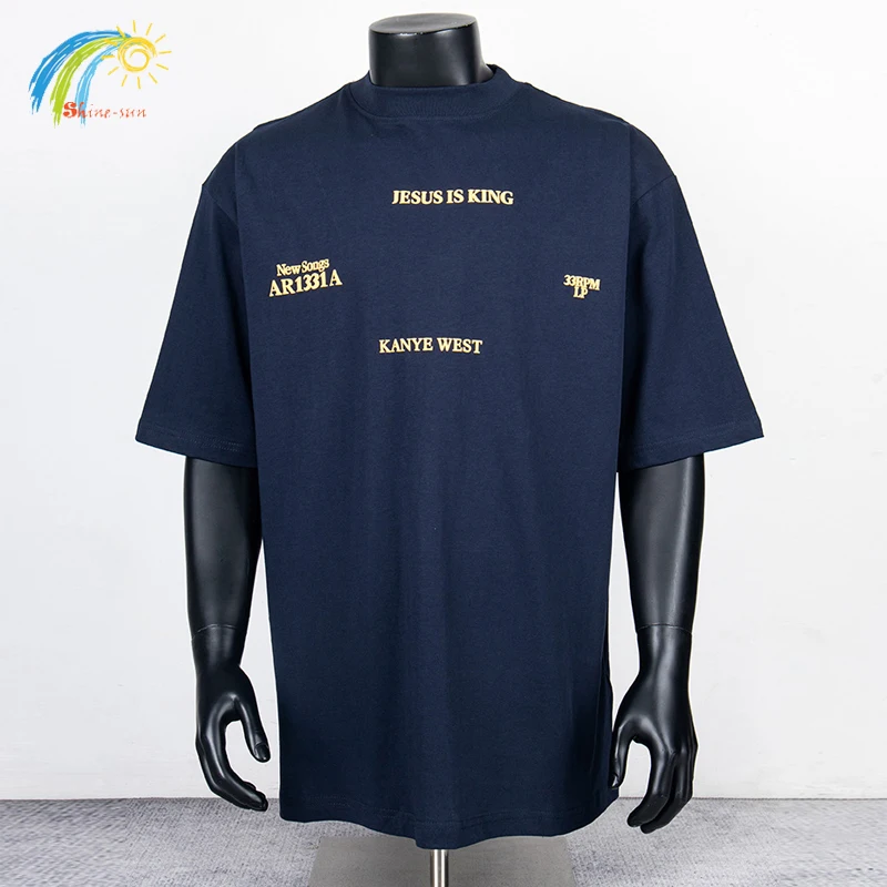 

Футболка с желтыми буквами из пенопласта Kanye West Jesus Is King, хлопковая футболка высшего качества, темно-синяя, ярко-синяя, свободная футболка для мужчин и женщин