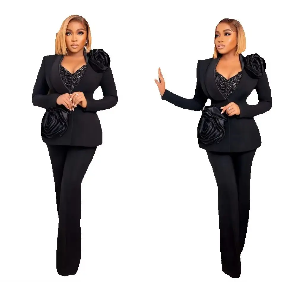 Women's Dresses Suit Gowns Flower Appliques Lace One Button Jacket Coat And Pants For Female Satin 2-Piece-Suit Customized m2666