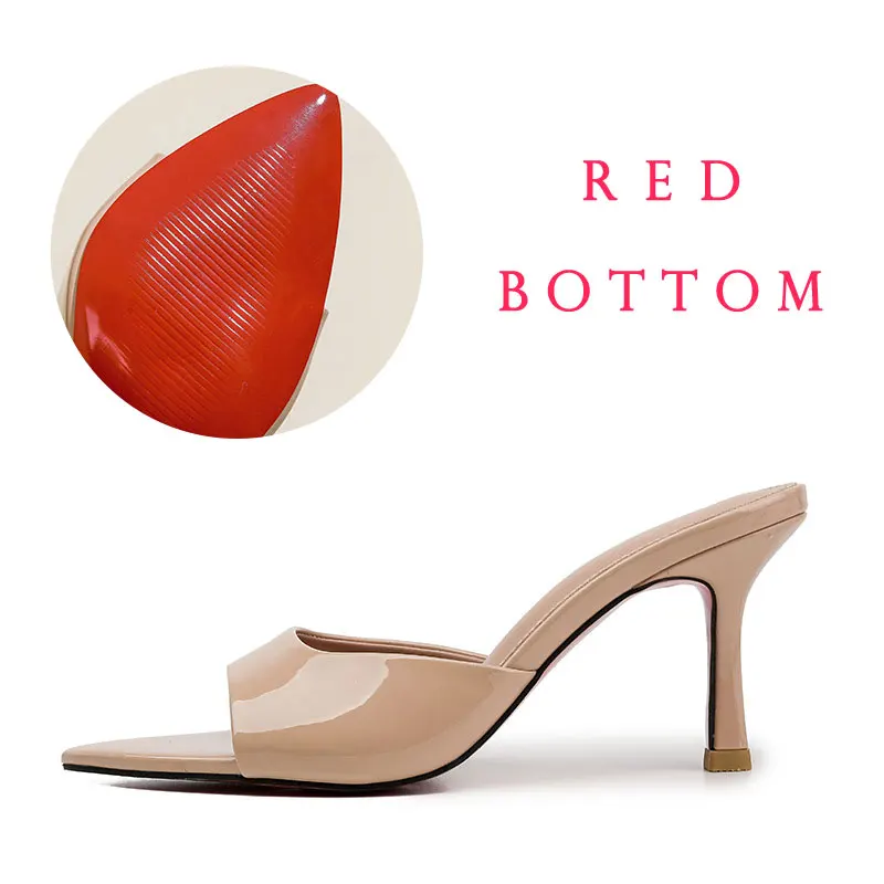 

2025 Thin Heels Summer Slipper Waterproof Slides Sandal Red Bottom Sexy Pumps for Women Shoes Pointed Toe Solid Slippers