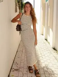 Ladies Striped See-Through Long Summer Dress Women Elegant Sleeveless High Waist Patchwork Maxi Knit Beach Dress Outfits Female