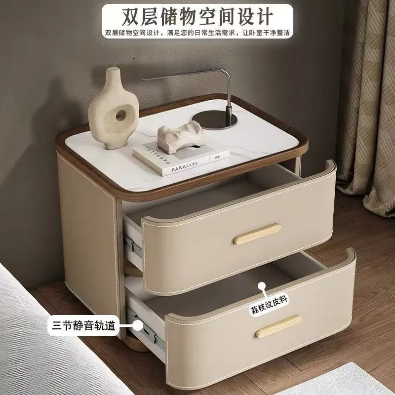 Minimalist solid wood headboard saddle leather storage cabinet, light luxury high-end vibe, internet-famous bedroom bedside
