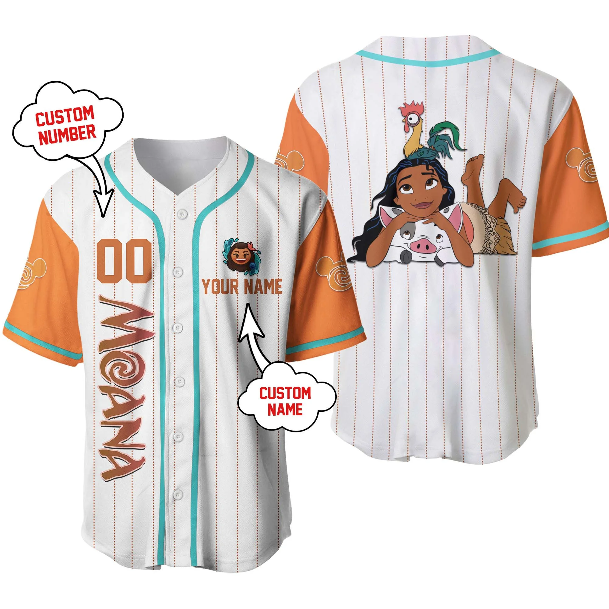 

Potdemiel New Disney Moana Princess Customized Name Baseball Jersey Outdoor Sports Style Casual Wear Unisex Personalized
