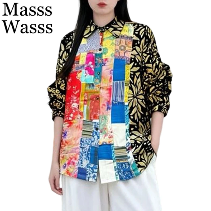 

Женские классические повседневные блузки Masss Wasss Spring Vintage с цветочным принтом и лоскутным шитьем, корейский дизайн 2026 года