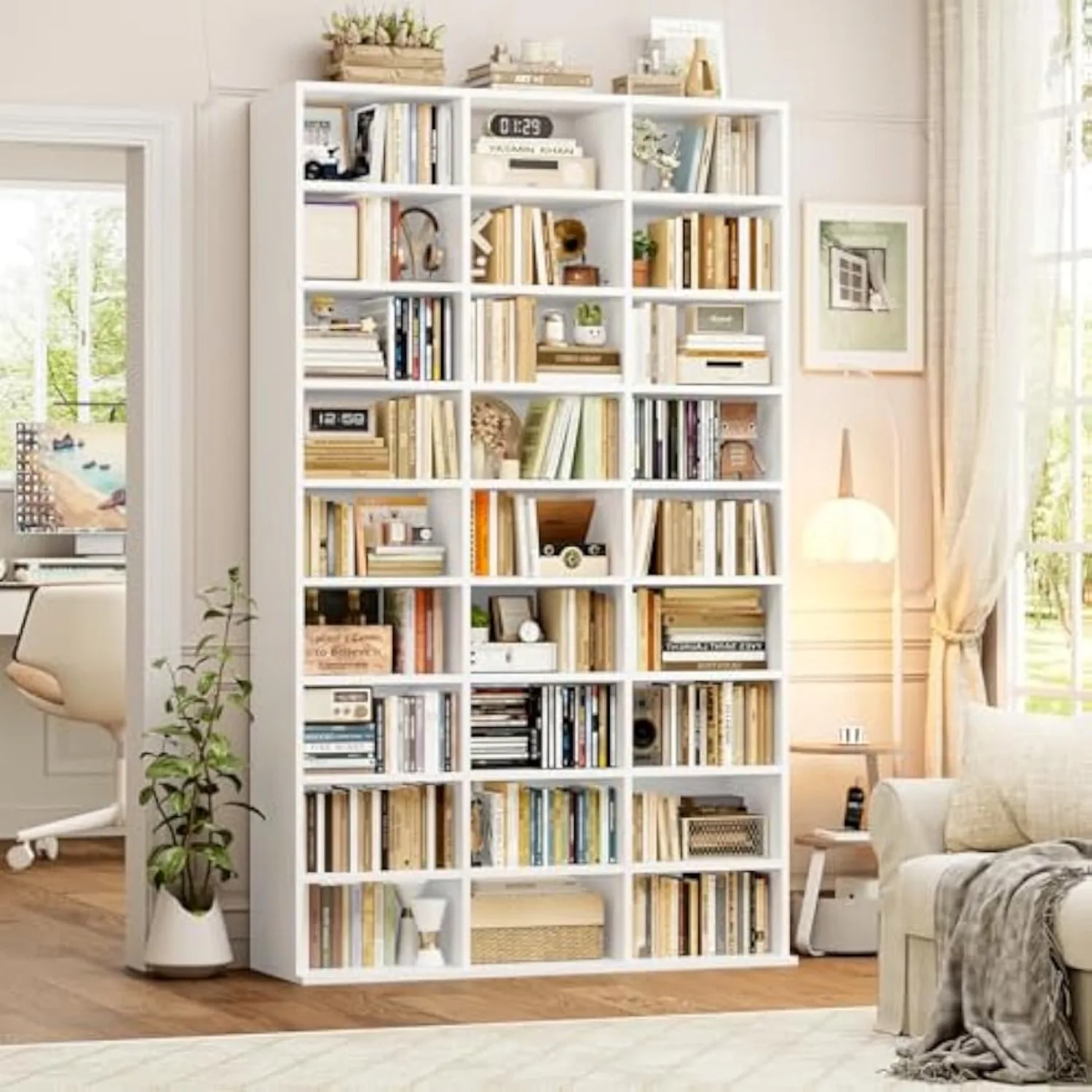 75'' H White Bookshelf with 27 Cubes, Triple Wide Tall Bookcase | 9 Tier Tall Bookshelf with 15 Adjustable Shelves, Large Bookshelf and Bookcase DVD/CD Media Storage Book Case for Living Room