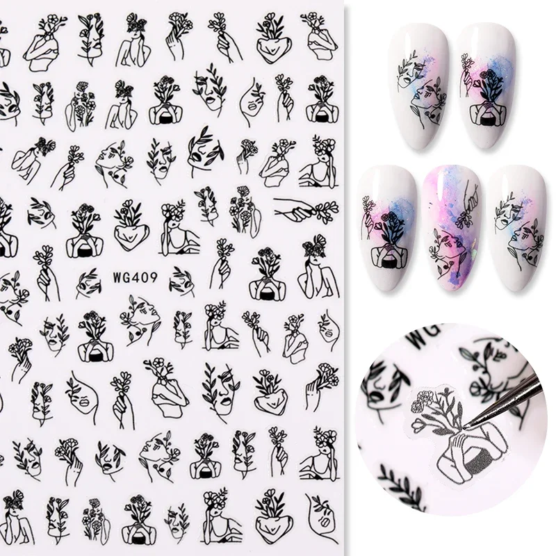 Sexy Girl Face 3D Nail Art Stickers Image Self Adhesive Transfer Abstract Lines Leaves Manicures Foils