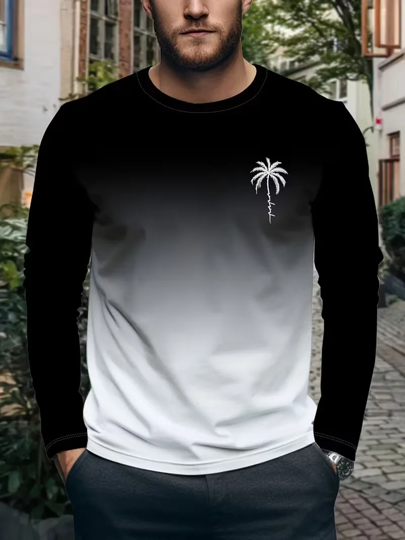 Gradient Color Coconut Tree Print Men's T-Shirt Summer Casual Sports Men's Top Fashion Breathable Daily T-Shirt Men's Clothing