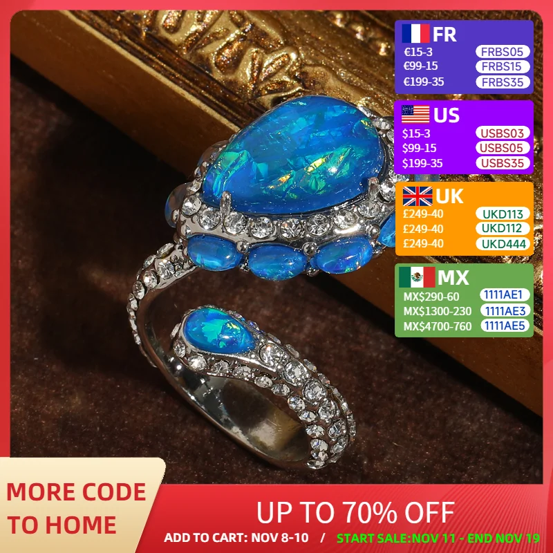 

Vintage Blue Opal Ring Water Drop Bohemia Jewelry Silver Color Cubic Zircon Rhinestone Open Accessories Luxury Quality Jewelry