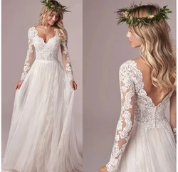 Lace Tulle Long Sleeve Wedding Dress 2022 Boho V-Neck Appliques Bridal Gown For A- Lace Appliques Bride Gown Backless Tulle 2025