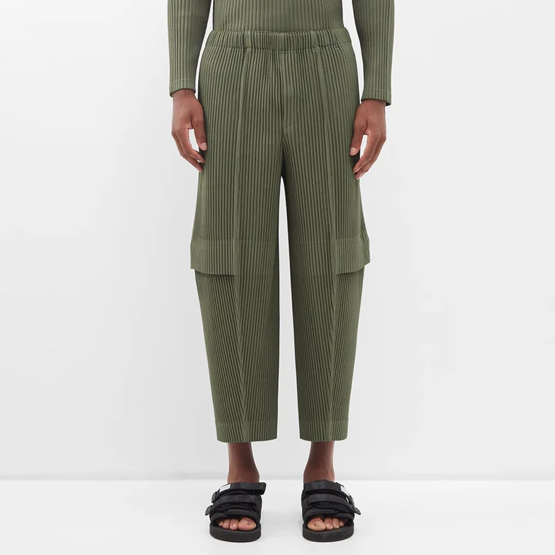 Miyake Pleated 2025 Work Pants Pleated Men's Fashion Army Green Cropped Pants Men's Spring and Summer Casual Loose Japanese