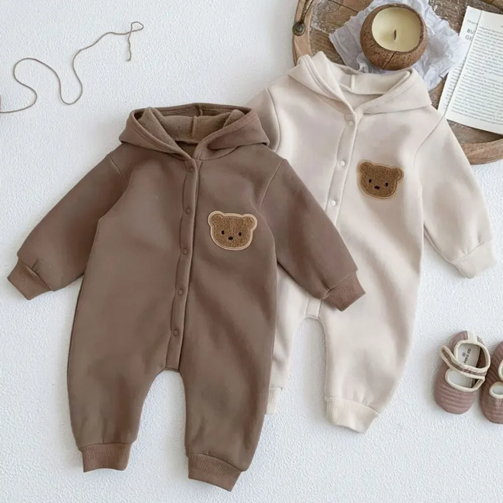 Ropa cálida de invierno para bebés recién nacidos, pelele de algodón para bebés, mono de manga larga con capucha de oso de dibujos animados para niñas de 0 a 24M, 2024