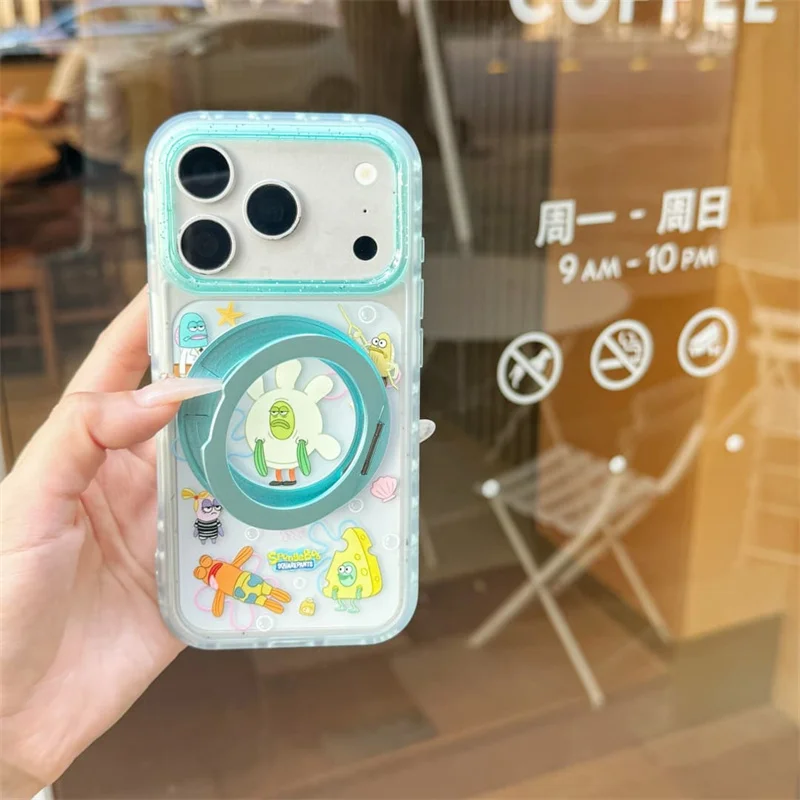Cartoon S-SpongeBob Phone Case for iPhone 15 16 17 Pro Max Bikini Bottom Ugly fish 360 Degree Rotating Bracket Shockproof Cover