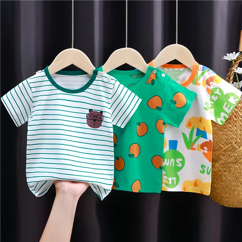 2024 Summer Children Cartoon T-shirt for Baby Boy Animal Printing Dinosaur Cat Boys T Shirt Girls Tops Tees Striped Kids Clothes