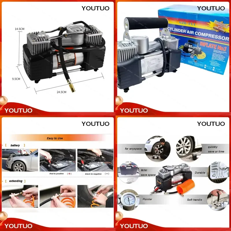 Portable Mini Electric 12v Car Air Pump Heavy Duty Twin Cylinder Tire Inflator SUV Car Tire Compressor