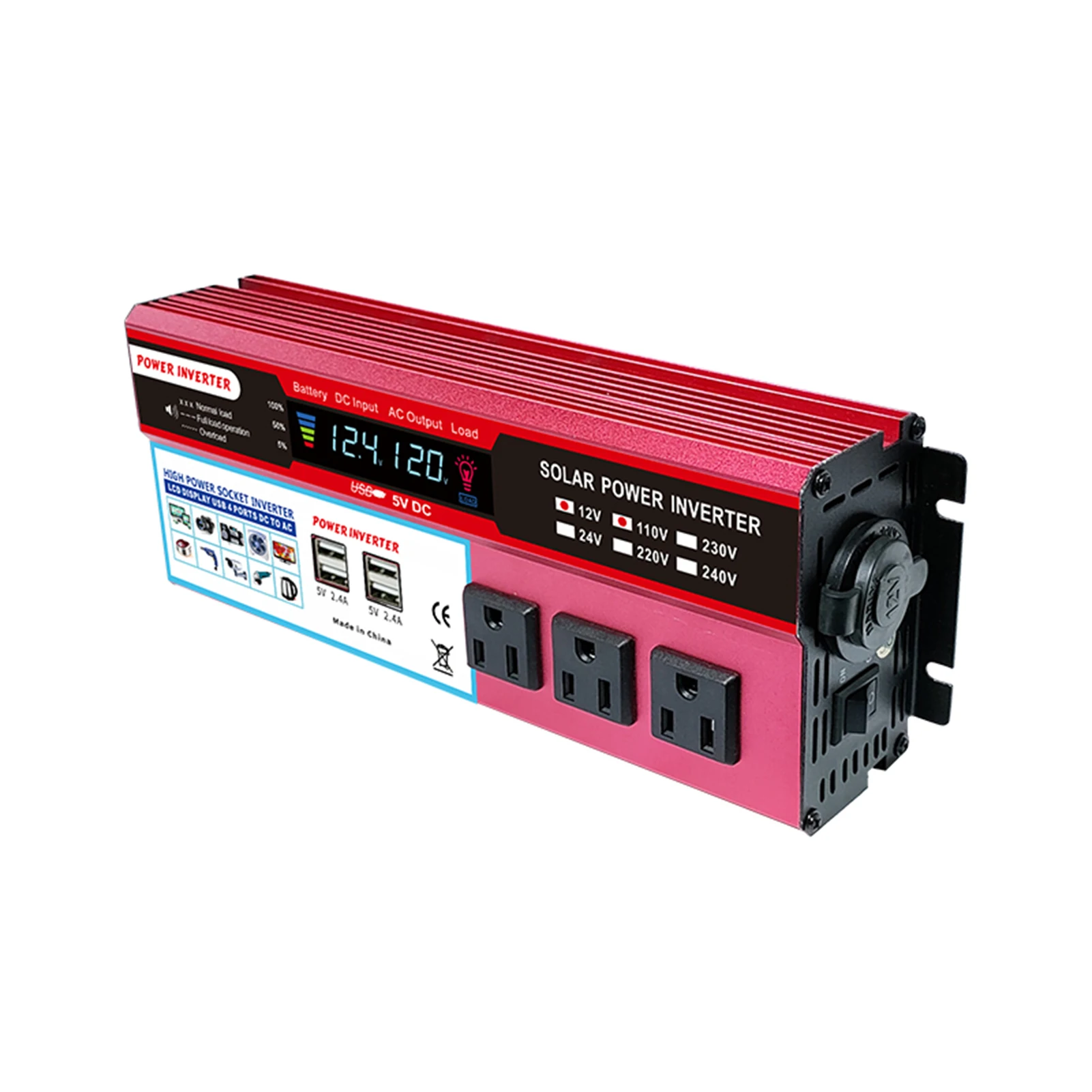 Solar Power Inverter High Efficiency Sine Wave Inverter Home Car RV Solar Power Converter with LCD Display DC 12V to 110V