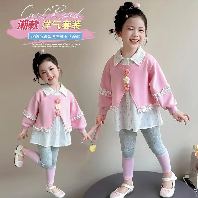 Girl Sweet Flower Collar Hoodie Underpants Set Spring Autumn New Children's Pants Long Sleeve T-Shirt Girl Fashion Two Piece Set