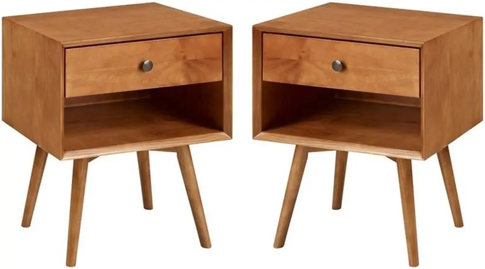 Mid Century Modern 2 Piece 1 Drawer Solid Wood Nightstand Set 2 Pack Caramel Solid Pine Wood for A Sturdy Frame