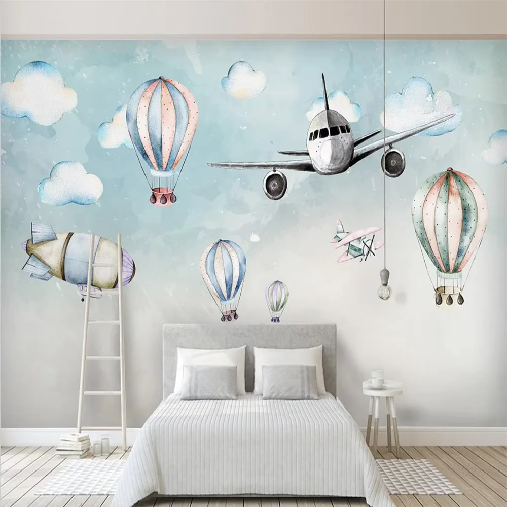 custom Modern minimalist cartoon airplane hot air balloon wallpaper for children's room background 3D wall stickers landscape