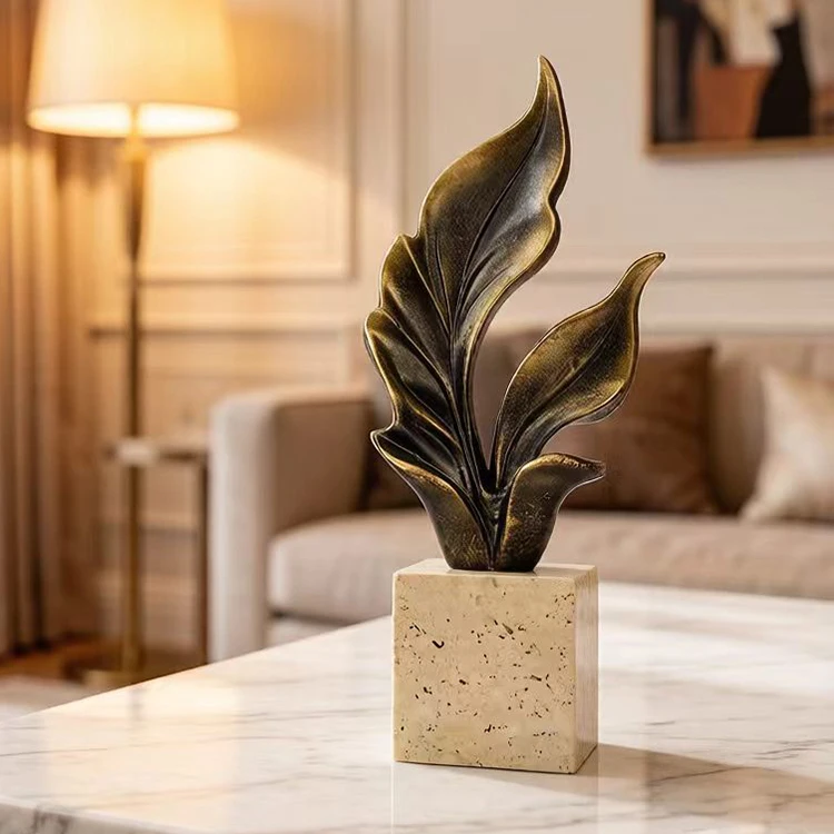 Abstract Dark Bronze Leaf Sculpture with Travertine Base-Handmade Modern Nature Art Decor for Home